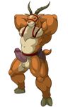  anthro balls belly biceps cervine chest_tuft chubby elk erection flexing fur grin horn looking_at_viewer maldu male mammal mononoke_hime musclegut muscles pecs penis plain_background pose red_fur red_nose sheath solo teeth tuft white_fur yakkul 