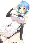  ahoge apron bad_id bad_pixiv_id black_gloves blue_hair blush breasts bridal_gauntlets dream_c_club dream_c_club_(series) elbow_gloves gloves gradient_hair green_eyes green_hair large_breasts leotard multicolored_hair nonono_(dream_c_club) short_hair sleeveless smile solo v yappen 