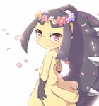  ass black_hair cherry_blossoms extra_mouth fangs flower from_behind gen_3_pokemon hair_flower hair_ornament head_wreath long_hair looking_back mawile no_humans petals pokemon pokemon_(creature) ponytail red_eyes smile solo teeth yuuki_(yuyuki000) 