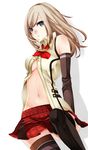 1girl alisa_ilinichina_amiella black_gloves black_legwear blue body_blush breasts brown buttons elbow_gloves expressionless eyes female gloves god_eater god_eater_2 god_eater_2:_rage_burst hair highres legs long long_image looking_at_viewer midriff mound_of_venus navel no_bra open_clothes open_shirt parted_lips plaid plaid_skirt shadow shiho_(mono0207) shirt sideboob simple_background sitting skirt sleeveless sleeveless_shirt tall_image thighhighs white_background zettai_ryouiki 