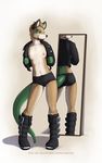  anthro boots canine clothed clothing dog dragon female fibonacci flat_chested hair hybrid jacket jay_naylor lizard mammal mirror nipples open_shirt reptile scales scalie shirt short_hair shorts skimpy solo standing tail_clothing text 