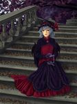  alternate_color bat_wings blue_hair brooch cherry_blossoms commentary dress fountain hat highres jewelry mob_cap pocket_watch railing red_eyes remilia_scarlet sad stairs tears touhou tree u-joe watch wings 