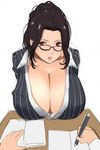  1girl blazer breast_rest breasts brown_eyes brown_hair cleavage formal glasses huge_breasts kloah office_lady open_mouth shiny shiny_skin suit teacher 