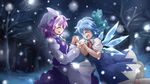  apron blue_hair blush bow cirno cue_(lindwrum) dress forest hair_bow hat ice ice_wings lavender_hair letty_whiterock long_sleeves multiple_girls nature open_mouth purple_hair ribbon scarf short_hair short_sleeves skirt smile snow snowing touhou vest wings 
