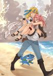  beach carrying fairy_tail genderswap happy_(fairy_tail) highres lucy_heartfilia natsu_dragneel princess_carry rboz 