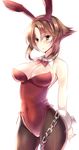  amane_ruri animal_ears bare_shoulders blush bow bowtie breasts brown_hair brown_legwear bunny_ears bunny_girl bunny_tail bunnysuit chain cleavage covered_navel detached_collar green_eyes highres kantai_collection large_breasts mutsu_(kantai_collection) open_mouth pantyhose short_hair simple_background solo tail white_background wrist_cuffs 