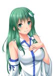  bad_id bad_pixiv_id blush breasts chiro detached_sleeves frog_hair_ornament green_eyes green_hair hair_ornament kochiya_sanae large_breasts long_hair looking_at_viewer simple_background smile snake_hair_ornament solo touhou white_background 