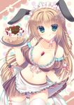  :q animal_ears apron bare_shoulders blush braid breasts brown_hair bunny_ears cake choker cleavage detached_sleeves food fruit green_eyes hair_ornament hair_ribbon hairclip large_breasts long_hair looking_at_viewer maid_headdress midriff navel original ribbon ribbon_choker skirt skirt_lift smile solo strawberry striped thighhighs tongue tongue_out twin_braids vertical_stripes waist_apron white_legwear yukie_(peach_candy) 