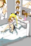  bed blonde_hair blue_eyes brown_hair character_doll dakimakura_(object) highres kill_me_baby legs long_hair open_clothes oribe_yasuna pillow poster_(object) short_hair sonya_(kill_me_baby) twintails v voodoo_doll 