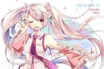  ;d bad_id bad_pixiv_id character_name cherry_blossoms detached_sleeves floating_hair flower hair_flower hair_ornament hatsune_miku headset long_hair necktie okutani_toro one_eye_closed open_mouth petals pink_hair sakura_miku smile solo twintails very_long_hair vocaloid 