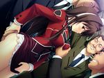  1girl 3boys ass ass_grab blush breast_grab brown_eyes brown_hair chikan game_cg grabbing long_hair maishima_yuuri multiple_boys naughty_face necktie nerawareta_megami_tenshi_angeltia school_uniform short_hair skirt smile subway sweat syrup_many_milk teeth thighs tie tsukumo_kazuita 