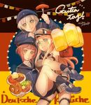  alcohol beer bismarck_(kantai_collection) blonde_hair clothes_writing eating flag_background food fork french_fries german german_flag green_eyes hat hot_dog kantai_collection long_hair long_sleeves mika_pikazo military military_hat military_uniform multiple_girls plate pretzel red_hair short_hair silver_hair translated uniform yellow_eyes z1_leberecht_maass_(kantai_collection) z3_max_schultz_(kantai_collection) 