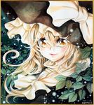  blonde_hair bow braid closed_mouth face frame hair_bow hat hat_bow highres kirisame_marisa lipstick looking_at_viewer makeup mosho nib_pen_(medium) portrait shikishi signature single_braid smile solo star touhou traditional_media watercolor_(medium) witch_hat yellow_eyes 