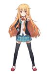  :3 amatsuka_mao benitama black_legwear blazer blush full_body gj-bu hair_flaps hand_on_hip highres jacket long_hair long_sleeves looking_at_viewer orange_hair plaid plaid_skirt school_uniform shoes simple_background skirt smile solo thighhighs uwabaki v v-shaped_eyebrows very_long_hair white_background zettai_ryouiki 