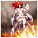  black_gloves blue_eyes breasts earrings eyepatch fire flare_(panel_de_pon) gloves jewelry long_hair mecha_musume medium_breasts painpa panel_de_pon pointy_ears red_hair solo 