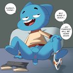  anus balls blue_fur cub dialog english_text feline fur gumball_watterson hi_res inviting jerseydevil male mammal penis presenting solo spreading text the_amazing_world_of_gumball uncut young 