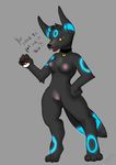  anthro black_fur blue_stripes breasts canine collar dialog eeveelution english_text female fur jackalopedewey mammal nintendo nipples nude open_mouth plain_background pok&#233;ball pok&#233;mon pok&eacute;ball pok&eacute;mon pussy shiny_pok&#233;mon shiny_pokemon solo standing text umbreon video_games yellow_eyes 