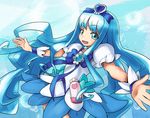  blue blue_background blue_eyes blue_hair blue_skirt bow brooch cure_marine hair_ornament hairpin heartcatch_precure! hirosato jewelry kurumi_erika long_hair magical_girl outstretched_arms precure puffy_sleeves ribbon skirt smile solo spread_arms wrist_cuffs 
