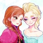  anna_(frozen) bad_id bad_pixiv_id bare_shoulders blonde_hair blue_eyes braid dress elsa_(frozen) freckles frozen_(disney) lips long_hair makeup multiple_girls poco24 red_hair siblings single_braid sisters smile twin_braids 