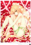  absurdres barefoot blonde_hair breasts elf fairy fairy_wings feathers feet green_eyes green_ribbon highres large_breasts leafa long_hair looking_at_viewer naked_ribbon nude pointy_ears ponytail ribbon sideboob sitting smile solo sword_art_online translation_request very_long_hair wings yashiro_seika 