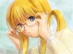  androgynous bespectacled blonde_hair daijou_kiyosu glasses grey_eyes male_focus ponytail red-framed_eyewear solo sweater umineko_no_naku_koro_ni ushiromiya_lion 