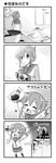  1girl 4koma anchor_symbol beamed_eighth_notes bell_(oppore_coppore) blush chibi chocolate chocolate_heart closed_eyes comic eighth_note failure_penguin folded_ponytail greyscale heart highres inazuma_(kantai_collection) kantai_collection miss_cloud mixing_bowl monochrome musical_note open_mouth pleated_skirt quarter_note school_uniform skirt smile socks solo speech_bubble translated valentine 