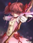 aiming arrow artist_name bow bow_(weapon) buttons collarbone commentary drawing_bow dress english_commentary gloves hair_bow highres holding holding_arrow holding_bow_(weapon) holding_weapon kaname_madoka mahou_shoujo_madoka_magica novcel outstretched_arm pink_eyes pink_hair revision ringed_eyes serious solo star_(sky) twintails weapon 