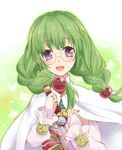  :d bracelet braid cape glasses gradient gradient_background green_background green_hair hair_ornament haru_tomato jewelry long_hair open_mouth philia_felice purple_eyes round_eyewear smile solo sword tales_of_(series) tales_of_destiny weapon white_background 