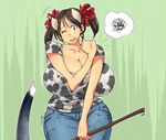  1girl black_hair breasts cow_girl cow_girl_(hataraki) gigantic_breasts hataraki_ari hoe horns solo worktool yellow_eyes 