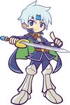  armor belt blue_eyes blue_headband boots cape fingerless_gloves full_body gloves greaves headband index_finger_raised kawamochi_(mocchii) knee_boots madou_monogatari male_focus official_style pants puyopuyo schezo_wegey smile solo sword weapon white_background white_hair 