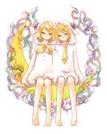  1girl barefoot blonde_hair blue_eyes brother_and_sister feet hyeon kagamine_len kagamine_rin moon necktie short_hair siblings twins vocaloid yellow_neckwear 