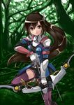  aize arrow bow_(weapon) brown_eyes brown_hair forest holding holding_weapon impossible_clothes impossible_shirt long_hair looking_at_viewer nature saionji_reimi shirt solo star_ocean star_ocean_the_last_hope weapon 