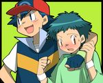  1girl amada androgynous aoi_(pokemon) blush commentary_request couple fingerless_gloves gloves hat hetero pokemon pokemon_(anime) satoshi_(pokemon) short_hair wristband 