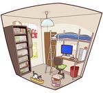  bad_pixiv_id bed blue_screen_of_death bookshelf bunk_bed cat chair computer fisheye floorplan interior isometric magamoto no_humans original room trash_can 