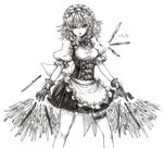  apron bad_id bad_pixiv_id braid dress eyelashes floating floating_object fork gloves graphite_(medium) greyscale hands izayoi_sakuya knees knife maid maid_headdress monochrome open_mouth puffy_sleeves ribbon short_dress short_hair short_sleeves simple_background solo takatora thigh_strap touhou traditional_media twin_braids 