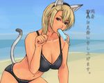  alva animal_ears beach bikini blonde_hair blue_eyes breasts cat_ears cat_tail cleavage day food hair_ornament hairpin large_breasts midriff navel ocean original outdoors paw_pose popsicle short_hair sky solo swimsuit tail translated 