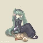  ahoge aqua_eyes aqua_hair bad_id bad_pixiv_id baggy_pants china_dress chinese_clothes cup dress food hatsune_miku headphones long_hair microphone mug pants sitting solo sui_(petit_comet) tea teapot twintails very_long_hair vocaloid 