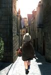  alley backlighting bad_id bad_pixiv_id basket beanie child city from_behind hat original road ryou_(kimagure) sett solo street town vanishing_point walking 
