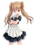  aisaka_taiga alternate_hairstyle brown_eyes brown_hair crossed_arms dress frills frown hair_ribbon long_hair maid mzd421 ribbon simple_background solo standing toradora! twintails 