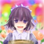  blue_eyes flower food futaba_channel juliet_sleeves long_sleeves looking_at_viewer maid_headdress nijiura_maids puffy_sleeves purple_hair rose solo soup steam upper_body yakui 