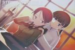  black_hair chair dutch_angle eyepatch grey_eyes hug long_hair lowres minna-dietlinde_wilcke multiple_girls ponytail red_eyes red_hair sakamoto_mio scan shimada_fumikane sitting smile strike_witches sunset table uniform window world_witches_series yuri 