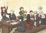  4boys 5girls amagi_yukiko androgynous bad_id bad_pixiv_id black_hair blonde_hair brown_hair child closed_eyes doujima_nanako everyone gakuran hanamura_yousuke kujikawa_rise kuma_(persona_4) long_hair long_sleeves minato_(robin) multiple_boys multiple_girls narukami_yuu pants persona persona_4 satonaka_chie school_uniform shirogane_naoto short_hair sitting table tatsumi_kanji tomboy track_suit twintails very_long_hair yasogami_school_uniform 