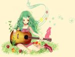  acoustic_guitar blush bunny copyright_request flower grass green_hair guitar hair_ornament hairclip instrument mokaffe mushroom musical_note shoes shorts sitting solo surreal tank_top 