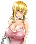  angry armored_core bare_shoulders blonde_hair breasts cleavage clipboard lana_nielsen large_breasts long_hair looking_at_viewer osakana_(denpa_yun'yun) pink_eyes solo teeth upper_body white_background 