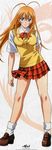  antenna_hair artist_request bangs blue_eyes blush bow bowtie breasts ikkitousen large_breasts legs loafers long_hair official_art orange_hair plaid plaid_skirt pleated_skirt red_skirt school_uniform shoes skirt skirt_lift smile socks solo sonsaku_hakufu standing sweater_vest vest white_legwear wind wind_lift 