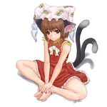  animal_ears barefoot borrowed_garments brown_eyes brown_hair butterfly_sitting cat_ears cat_tail chen china_dress chinese_clothes cosplay dress earrings feet fingernails headwear_switch highres jewelry kuro_suto_sukii long_fingernails multiple_tails nail_polish red_nails short_hair sitting solo tail touhou yakumo_ran yakumo_ran_(cosplay) 