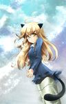  animal_ears blonde_hair cloud day dress glasses highres long_hair ooka_(skavler) pantyhose perrine_h_clostermann sky solo strike_witches tail wind world_witches_series yellow_eyes 