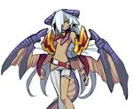  belt breasts dark_skin denim dragon_girl dragon_tail dragon_wings flat_chest grin hair_over_one_eye horns jeans long_hair medium_breasts monster_girl original pants shigehiro_(hiroi_heya) sideboob silver_hair smile solo tail torn_clothes underboob very_long_hair wings 