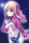  artist_request celestial_being_uniform feldt_grace green_eyes gundam gundam_00 jacket pink_hair ponytail solo tears uniform 