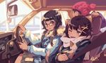  bf._(sogogiching) blush brown_eyes brown_hair car car_interior cat coat driving glasses ground_vehicle motor_vehicle multiple_girls one_eye_closed original right-hand_drive 